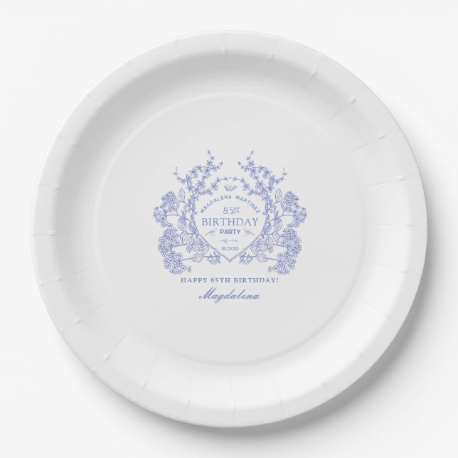 85th Birthday French Blue Floral Crest Custom Paper Plates (Front)