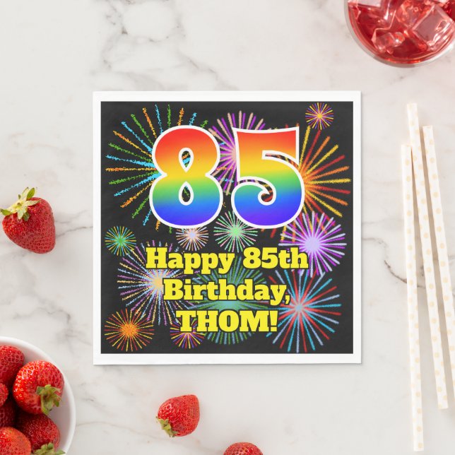 85th Birthday: Fun Fireworks Pattern + Rainbow 85 Napkins (Insitu)