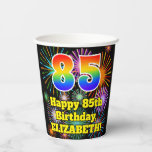 [ Thumbnail: 85th Birthday: Fun Fireworks Pattern + Rainbow 85 Paper Cups ]
