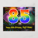 [ Thumbnail: 85th Birthday – Fun Fireworks Pattern + Rainbow 85 Postcard ]
