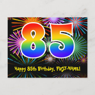85th Birthday – Fun Fireworks Pattern + Rainbow 85 Postcard