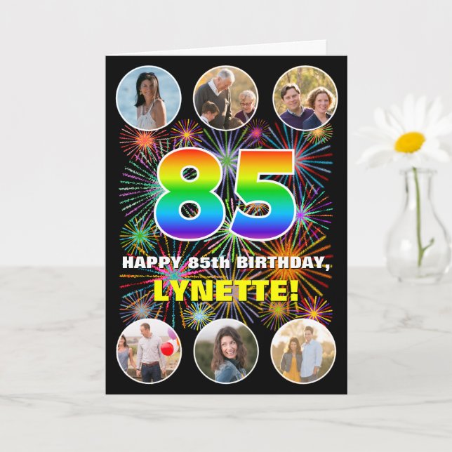 85th Birthday: Fun Rainbow #, Custom Name & Photos Card (Small Plant)