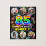 [ Thumbnail: 85th Birthday: Fun Rainbow #, Custom Name + Photos Jigsaw Puzzle ]