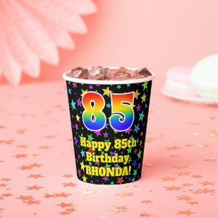 85th Birthday: Fun Stars Pattern and Rainbow 85 Paper Cups