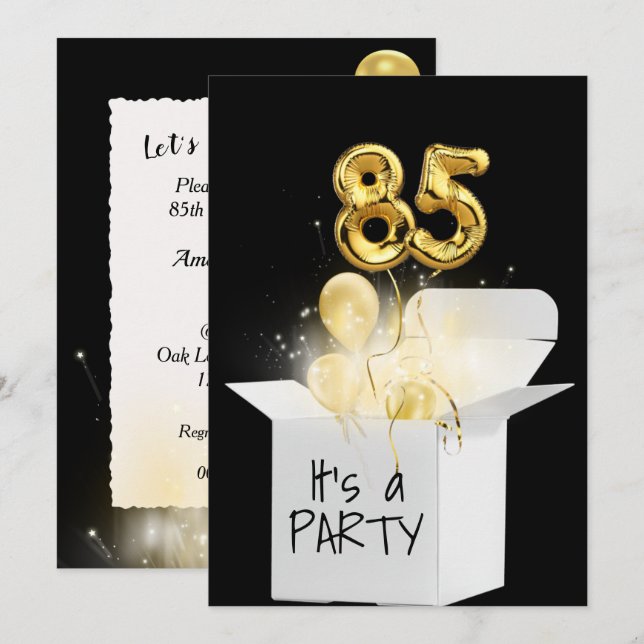 85th Birthday Gold Balloons In White Box Invitation (Front/Back)