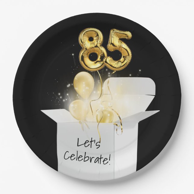 85th Birthday Gold Balloons In White Box      Paper Plates (Front)
