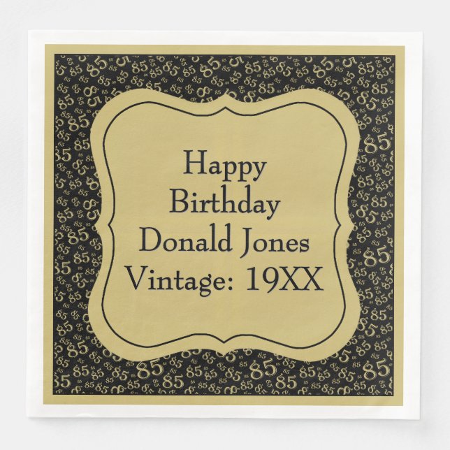 85th Birthday Gold/Black Bracket Number Pattern Paper Dinner Napkins (Front)