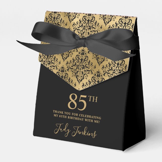 85th Birthday Gold Damask Thank You Favor Boxes (Front Side)