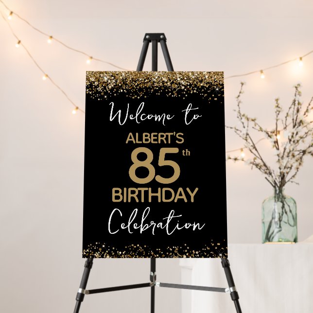 85th Birthday Gold Glitter and Black Welcome Foam Board (In Situ (Stand))