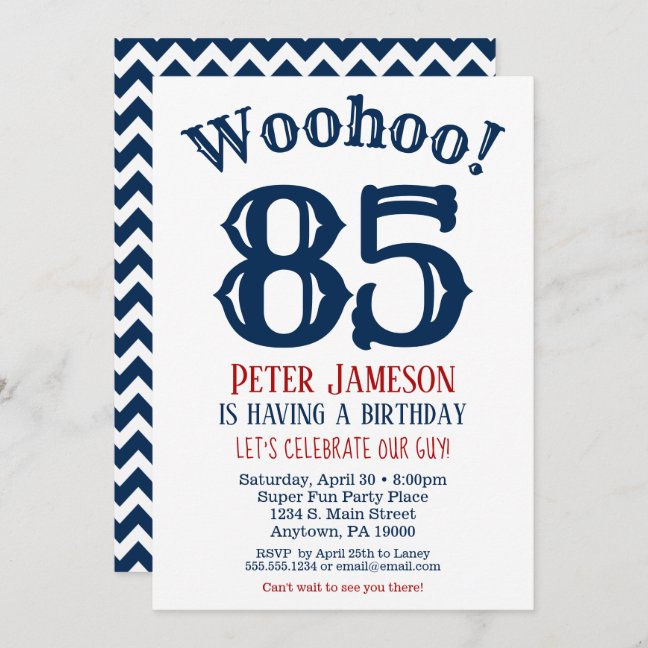 85th Men's Birthday Invitation - Blue Chevron