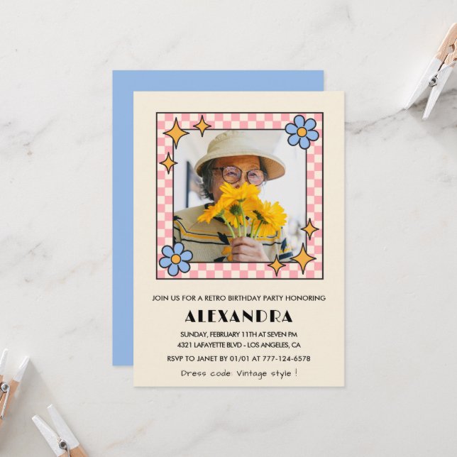 85th birthday invitation Retro Groovy Blue Floral (Front/Back In Situ)