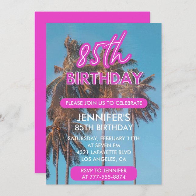 85th birthday invitation Summer Tropical Palm tree (Front/Back)