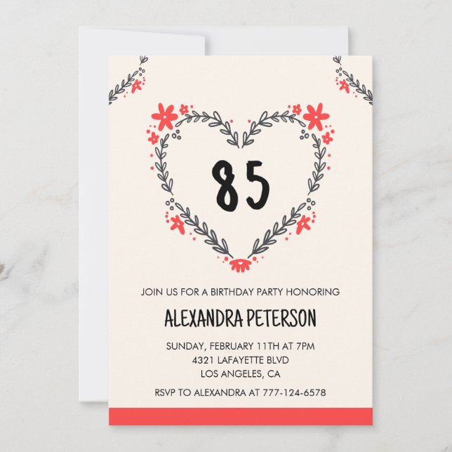 85th birthday invitations for her floral heart (Front)