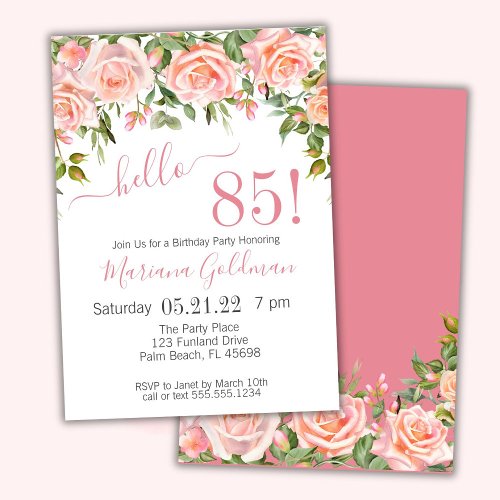 85th Birthday Invitations Pink Floral Modern Party