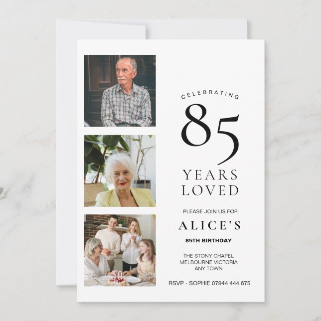 85th Birthday Invite with Photo, Elegant Simple (Front)