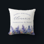 85th Birthday July Birth Flower Gift Custom Throw Pillow<br><div class="desc">Elegant summer watercolor blue larkspur flowers create a beautiful floral border at the bottom of this July Birth Flower gift. Larkspur or delphinium flowers are the July birth flower. A trendy font combination gives it a modern aesthetic. All of the text is editable.</div>