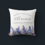 85th Birthday July Birth Flower Gift Custom Throw Pillow<br><div class="desc">Elegant summer watercolor blue larkspur flowers create a beautiful floral border at the bottom of this July Birth Flower gift. Larkspur or delphinium flowers are the July birth flower. A trendy font combination gives it a modern aesthetic. All of the text is editable.</div>