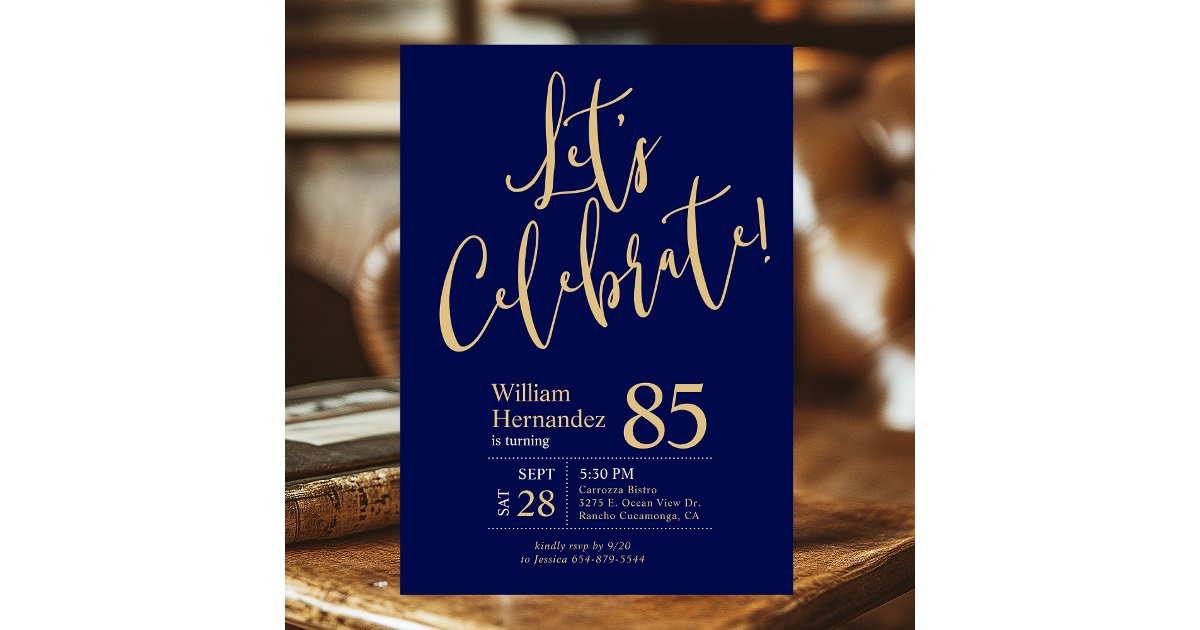 85th Birthday Let's Celebrate Navy Blue Gold Photo Invitation | Zazzle