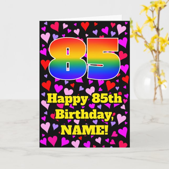 85th Birthday: Loving Hearts Pattern, Rainbow # 85 Card (Yellow Flower)