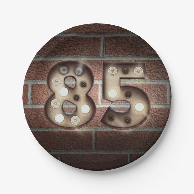 85th birthday marquee sign on brick wall paper plates (Front)