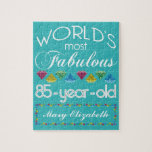 85th Birthday Most Fabulous Colorful Gem Turquoise Jigsaw Puzzle<br><div class="desc">Celebrate the milestone birthday of your favorite senior citizen with this fun gift reminding them of how fabulous they are. White and grey lettering on deep turquoise background. Colorful diamond-cut gems in rainbow tones serve as accent. Customize with names, initials or other text. This series is in increments of 5...</div>