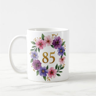 85th Birthday Mug – Floral Wreath with Gold Number