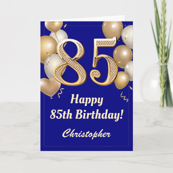 85th Birthday Navy Blue and Gold Balloons Confetti Card | Zazzle