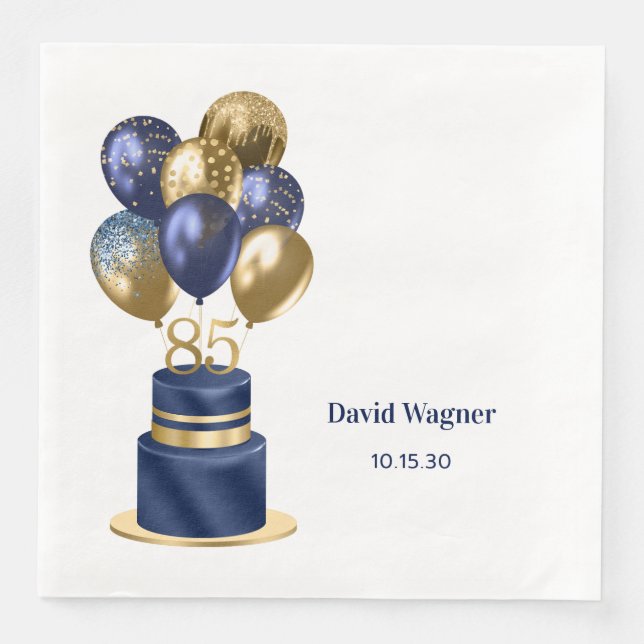 85th Birthday Navy Blue Cake Paper Dinner Napkins (Front)