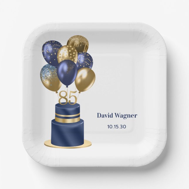 85th Birthday Navy Blue Cake Paper Plates (Front)