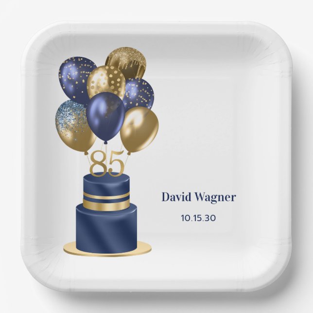 85th Birthday Navy Blue Cake Paper Plates (Front)