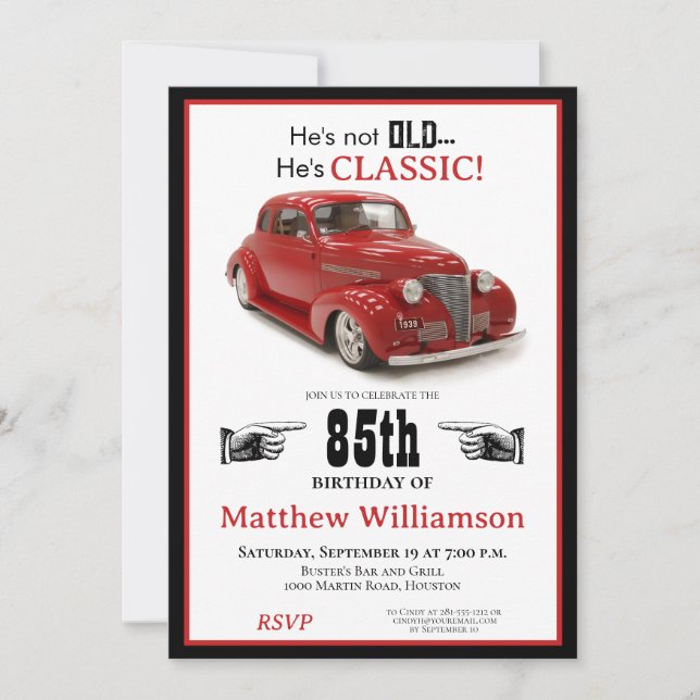 85th Birthday Not Old But Classic Red 1939 Coupe Invitation (Front)