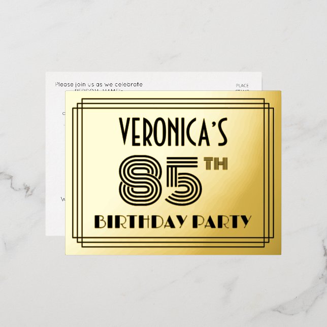 85th Birthday Party ~ Art Deco Style “85” + Name Foil Invitation Postcard (Front/Back)