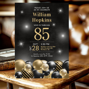 85th Birthday Party Black Gold Balloons Photo Invitation