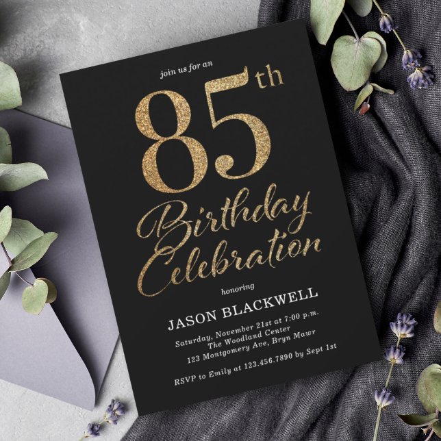 85th Birthday Party Black & Gold Invitation (Creator Uploaded)
