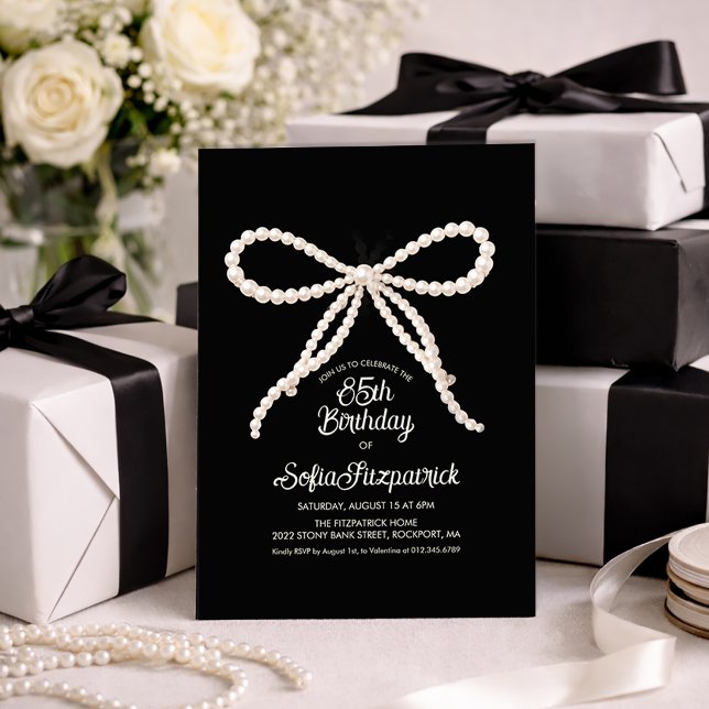 85th Birthday Party Black White Pearl Bow Invitation (Creator Uploaded)