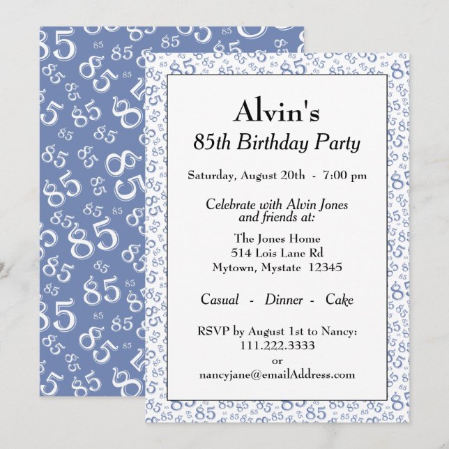 85th Birthday Party Blue and White Number Pattern Invitation (Front/Back)