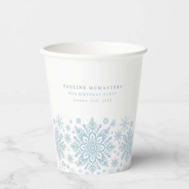 85th Birthday Party Blue White Snowflake Custom Paper Cups (Front)