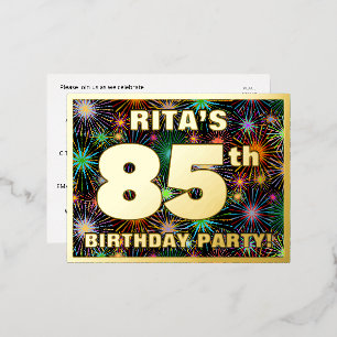 85th Birthday Party: Bold, Colorful Fireworks Look Foil Invitation Postcard
