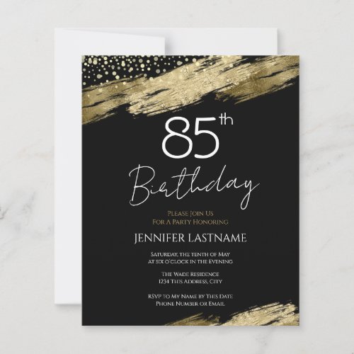 85th Birthday Party Budget Gold Black Invitation