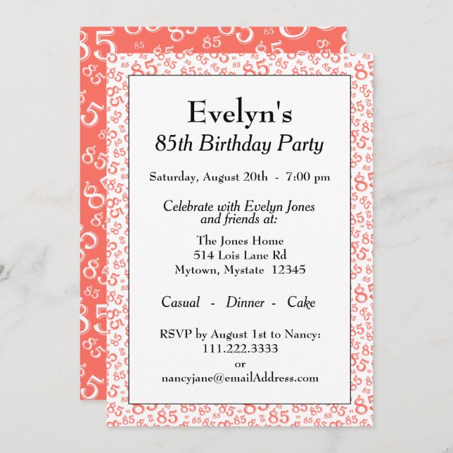 85th Birthday Party Coral and White Number Pattern Invitation (Front/Back)
