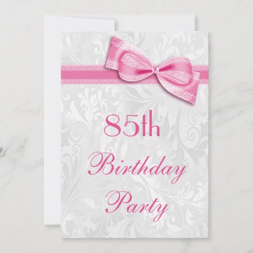 85th Birthday Party Damask and Pink Faux Bow Custom Announcements