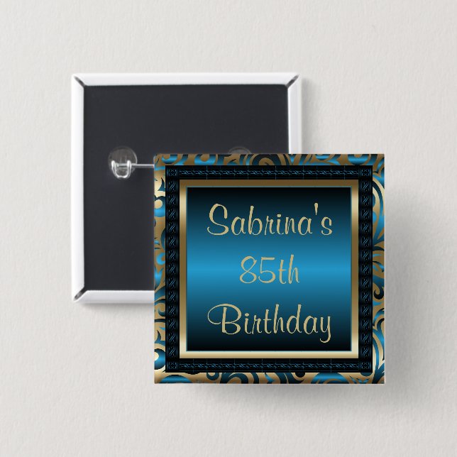 85th Birthday Party | DIY Text | Blue and Gold Button (Front & Back)