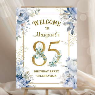 85th Birthday Party Dusty Blue Peony Welcome Sign
