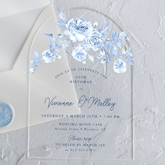85th Birthday Party Dusty Blue Rose Floral Arch Acrylic Invitations (Creator Uploaded)