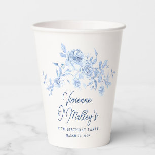 85th Birthday Party Dusty Blue Rose Floral Custom Paper Cups