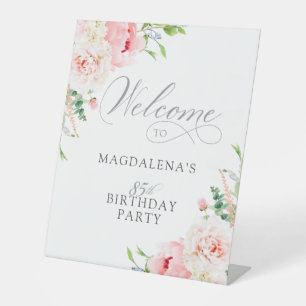 85th Birthday Party Elegant Pink Floral Welcome Pedestal Sign