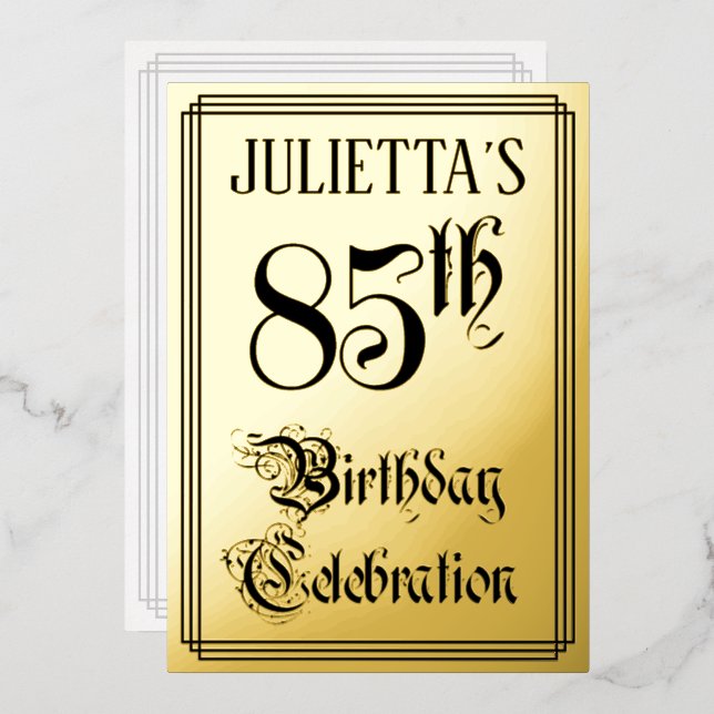 85th Birthday Party — Elegant Script + Custom Name Foil Invitation (Front/Back)