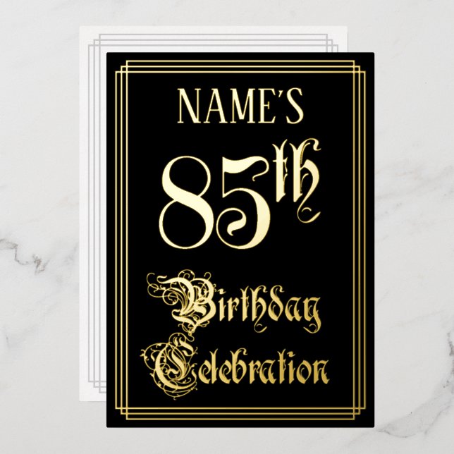 85th Birthday Party — Fancy Script & Custom Name Foil Invitation (Front/Back)