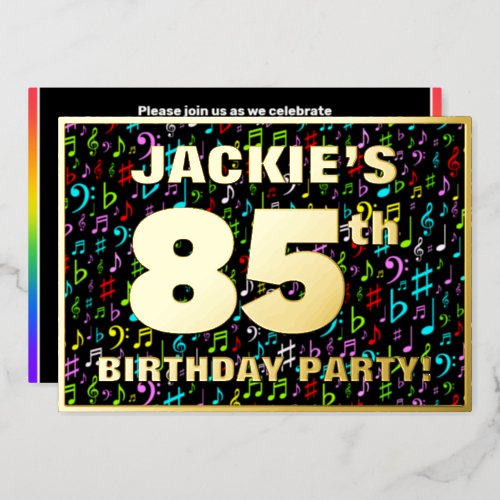 85th Birthday Party â Fun Colorful Music Symbols Foil Invitation