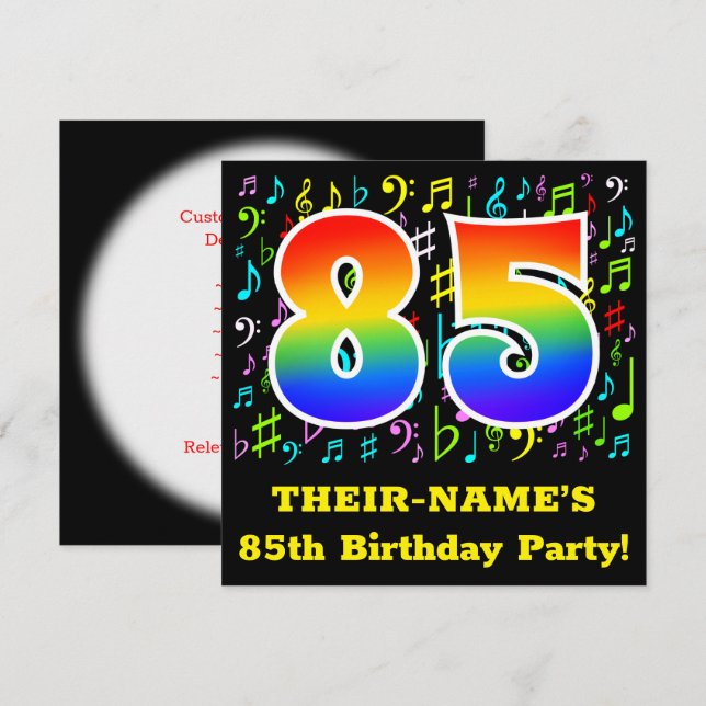 85th Birthday Party: Fun Music Symbols, Rainbow 85 Invitation (Front/Back)